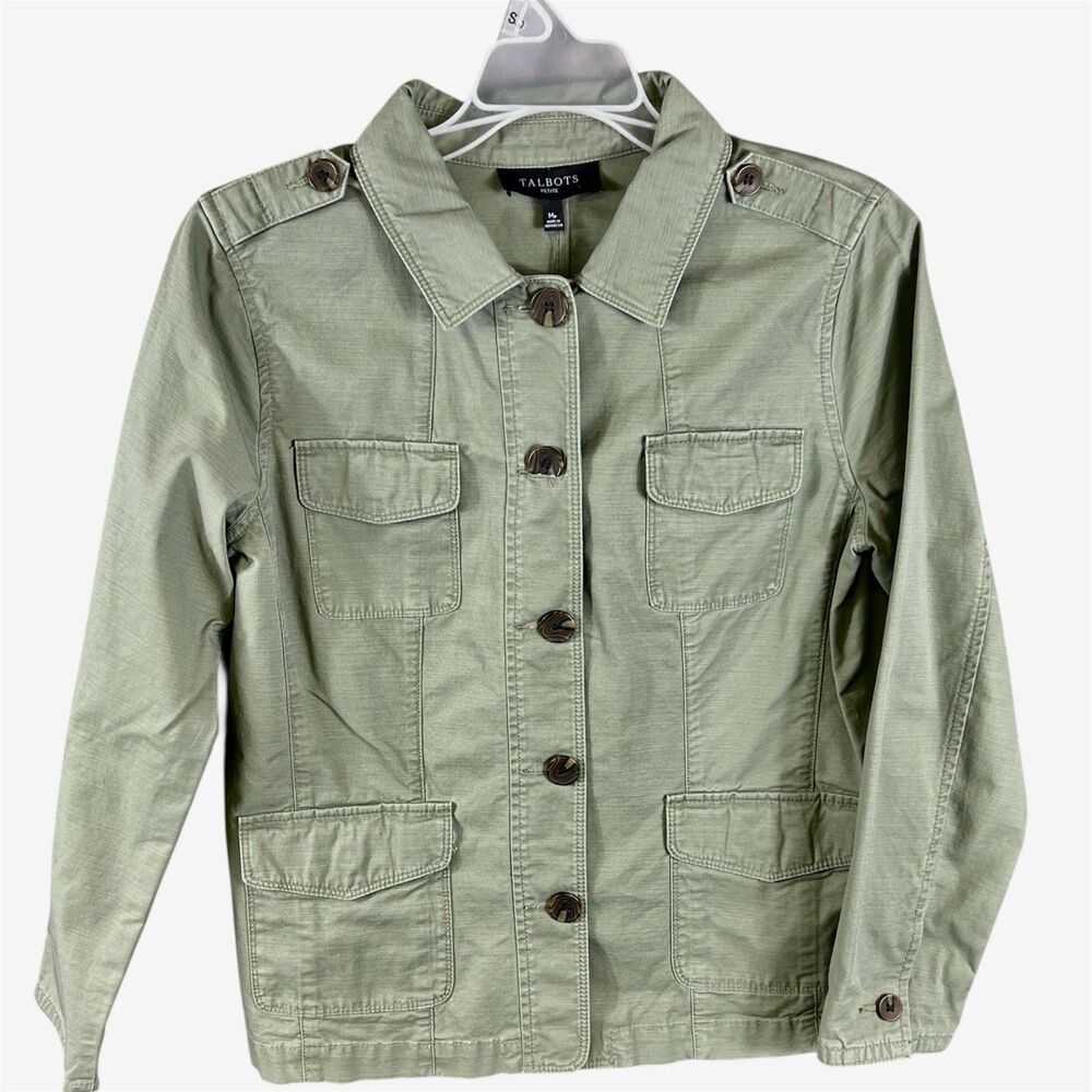 Talbots jacket military field utility PM green cotton green button front